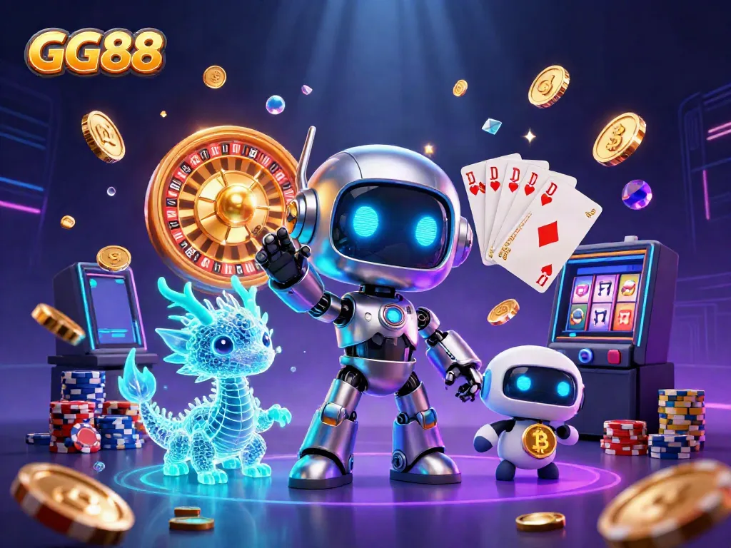 Experience the excitement of GG88 Casino with a vibrant, 3D illustrated scene featuring a cyberpunk robot, holographic dragon, and bitcoin drone.