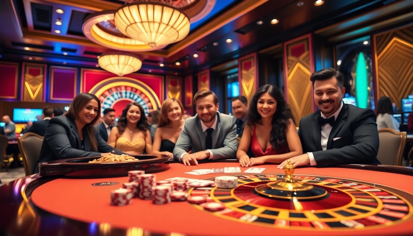 Players enjoying a lively game at a luxurious KUWIN casino table with poker chips and cards.