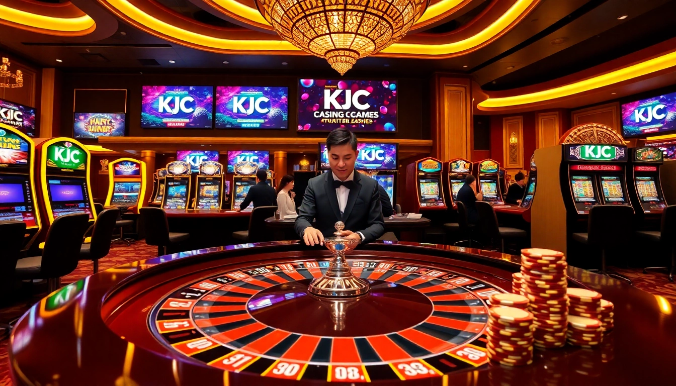 KJC brand casino atmosphere with roulette table and vibrant slot machines.