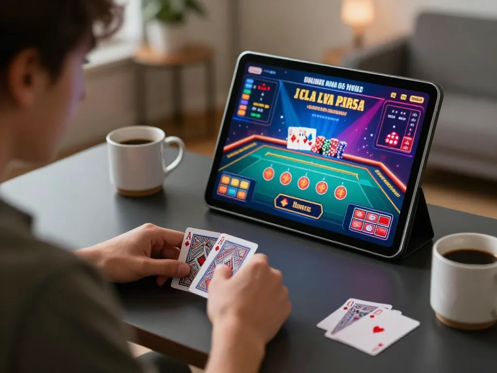Engaging online gambling session at home, showcasing go86vn strategy analysis on tablet with vibrant game graphics.
