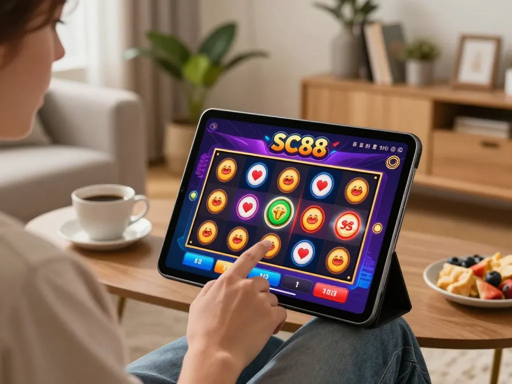 Player engaging with SC88 online gaming app in cozy home setting, showcasing excitement and entertainment.
