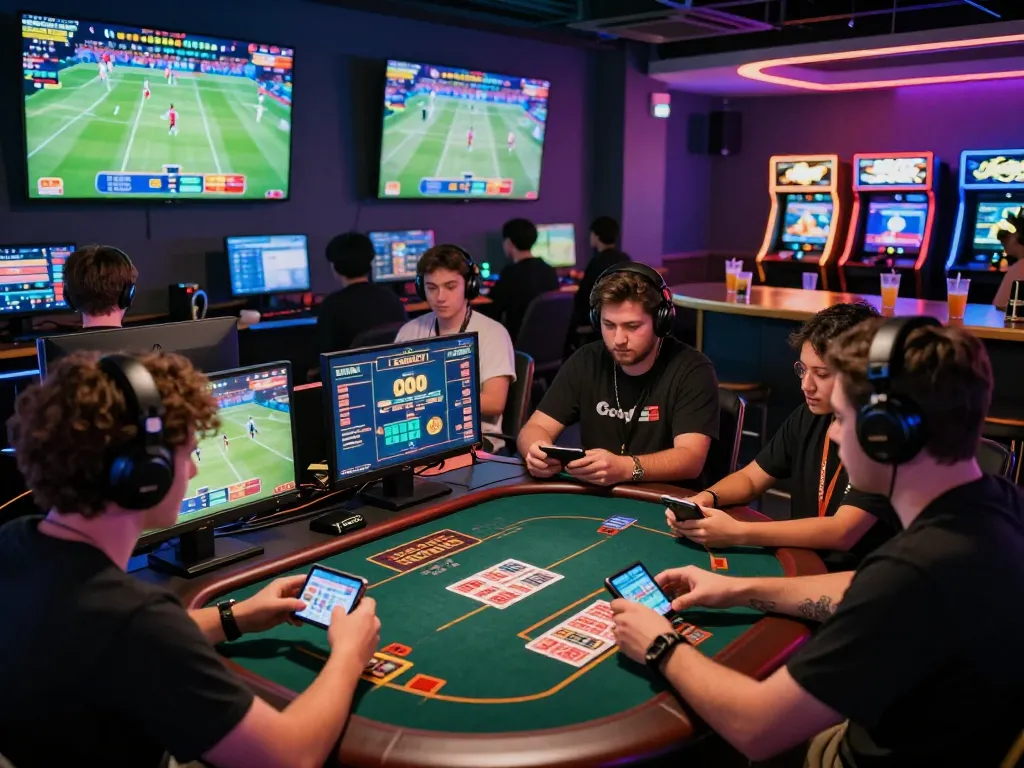 Goal123 dynamic online gaming scene with players enjoying casino games and sports betting in a vibrant atmosphere.