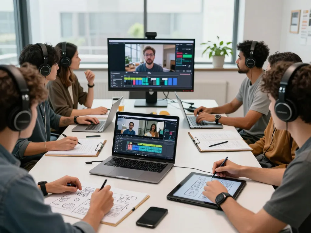 Creators using seedance 2.0 in a modern video production studio, collaborating on multi-shot projects.