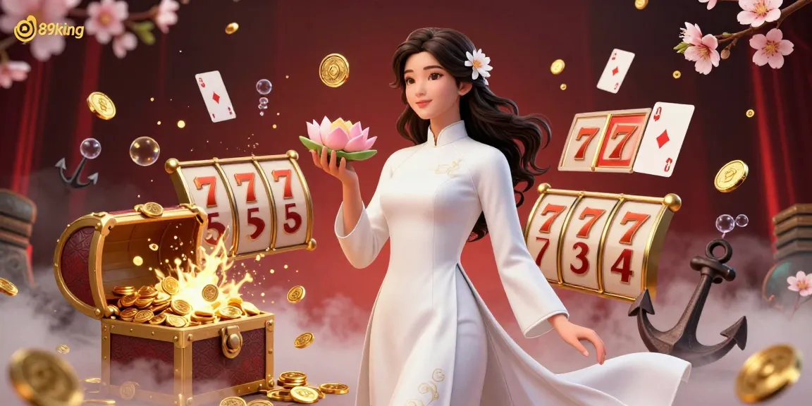Engage with thrilling gaming action at 89king, showcasing a vibrant casino scene filled with lively slot reels and treasure.