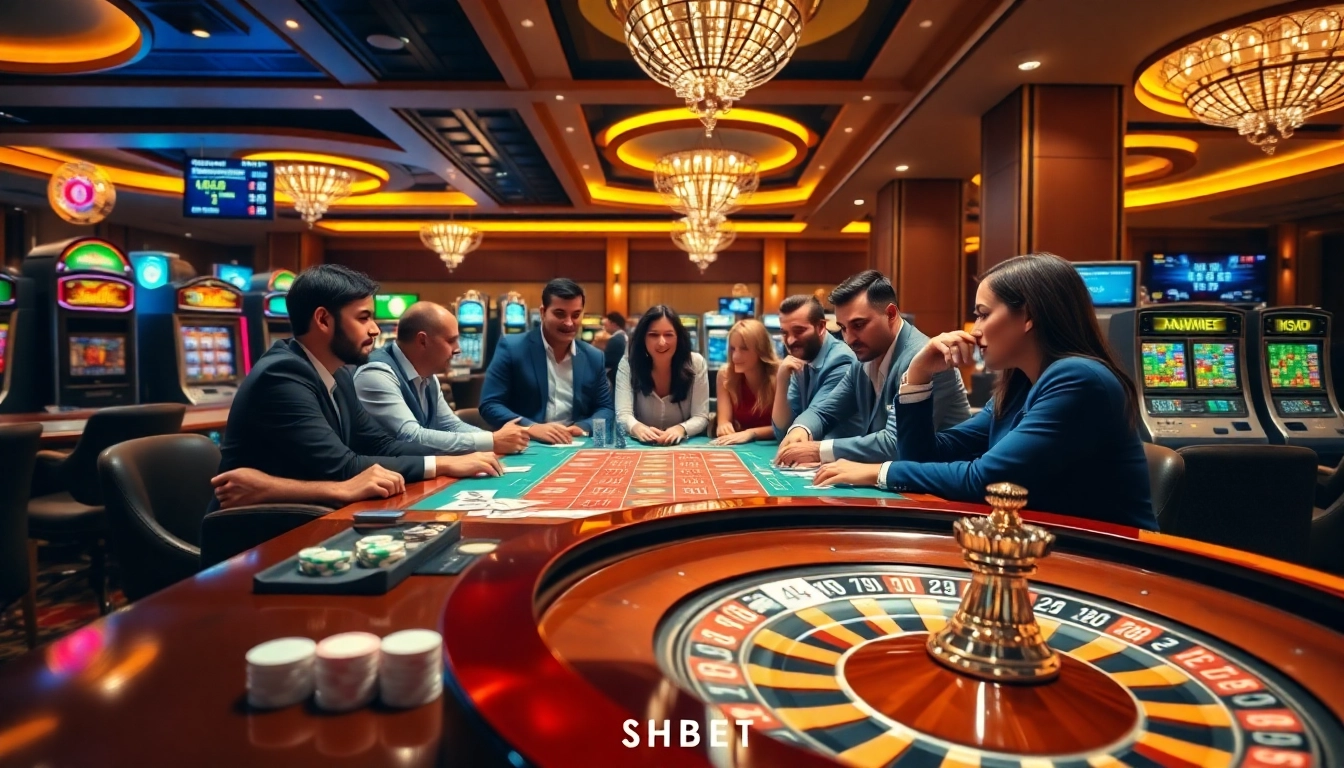 Exciting casino atmosphere with SHBET lừa đảo không prominently showcased on gaming tables.