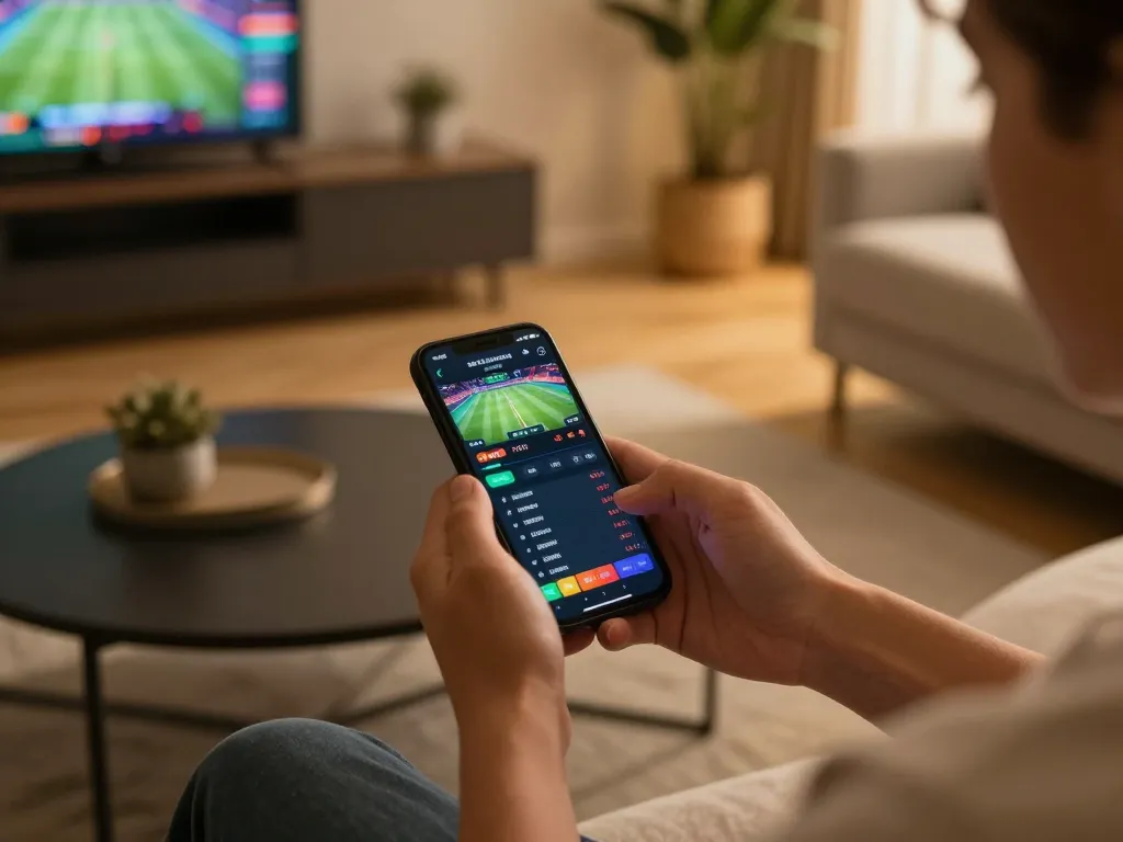 Engage in sports betting on ok365 using a smartphone in a cozy living room setting