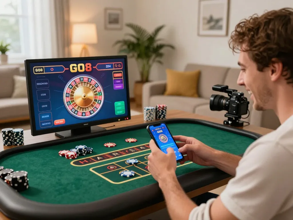 Player enjoying GO8 online casino experience on smartphone with lively living room ambiance