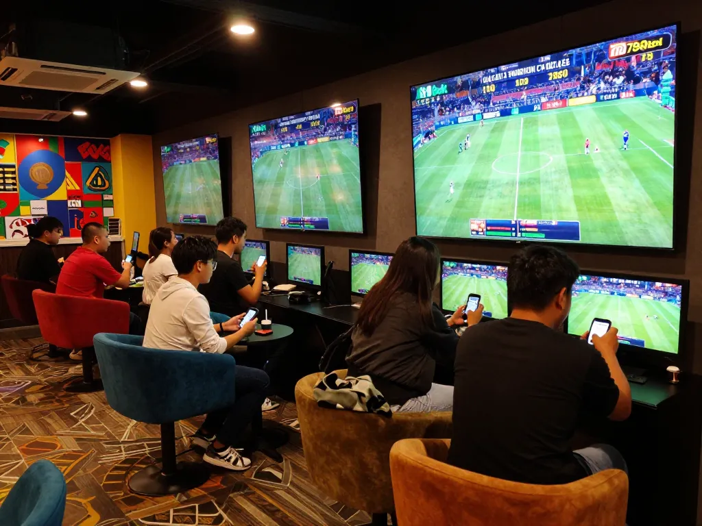 Excited bettors placing wagers at a vibrant sports betting area with live screens, featuring 789bet branding.