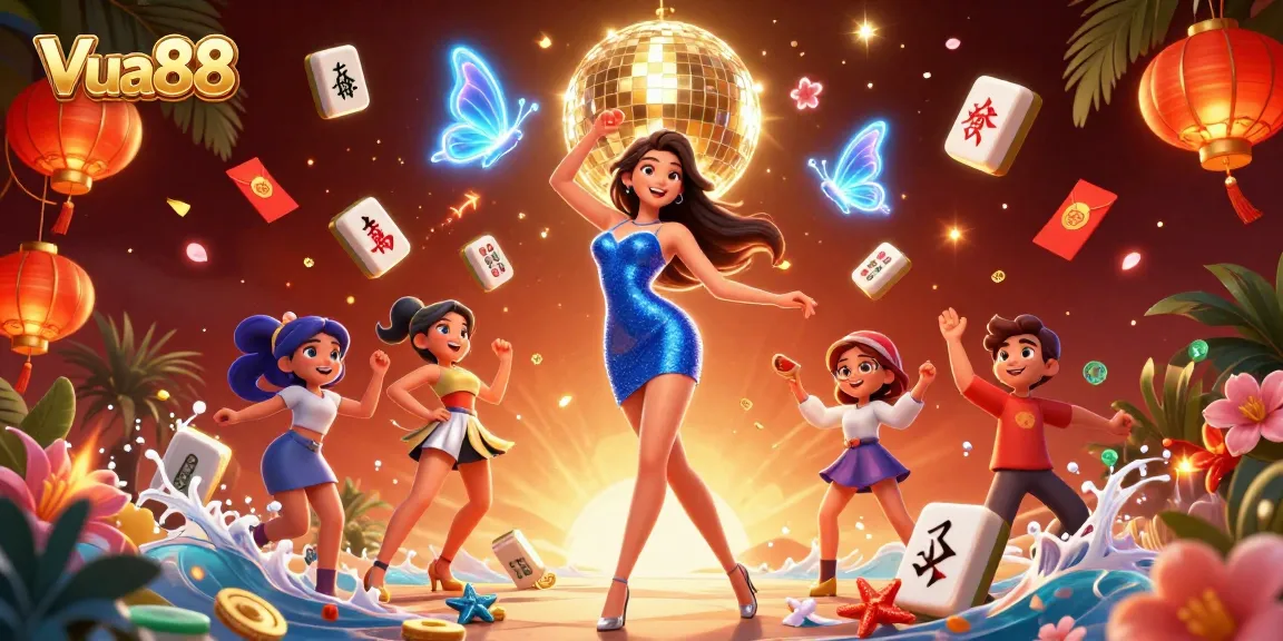 Experience thrilling gaming action with Vua88's glamorous casino illustration featuring dynamic characters and casino elements.