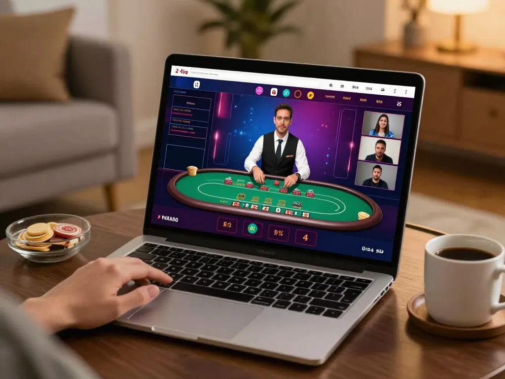 Engaging scene of tg88 online blackjack game on laptop, showcasing players interacting and enjoying the atmosphere