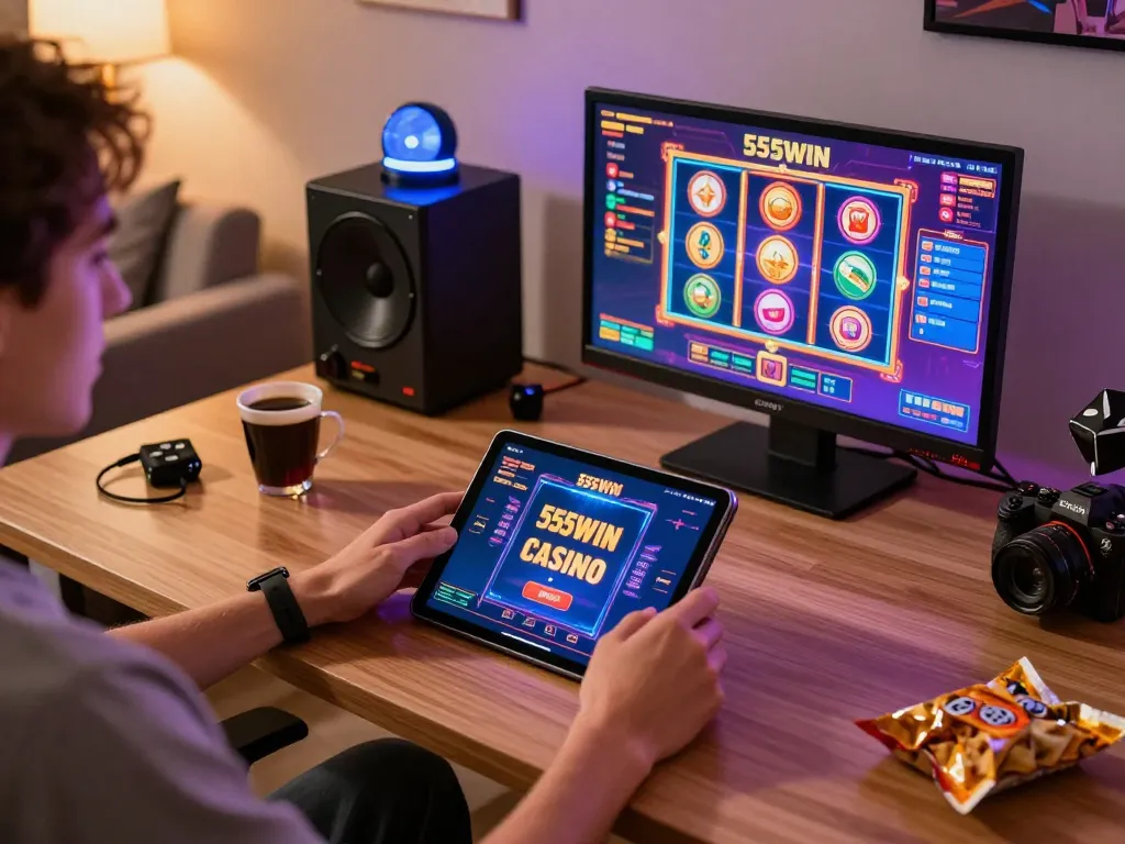 Engaging with the 555WIN app on a modern tablet at home, showcasing online casino excitement.