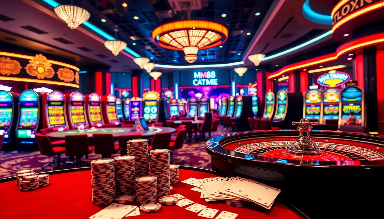 Exciting gaming experience at MM88 COM with vibrant casino tables and colorful slot machines.
