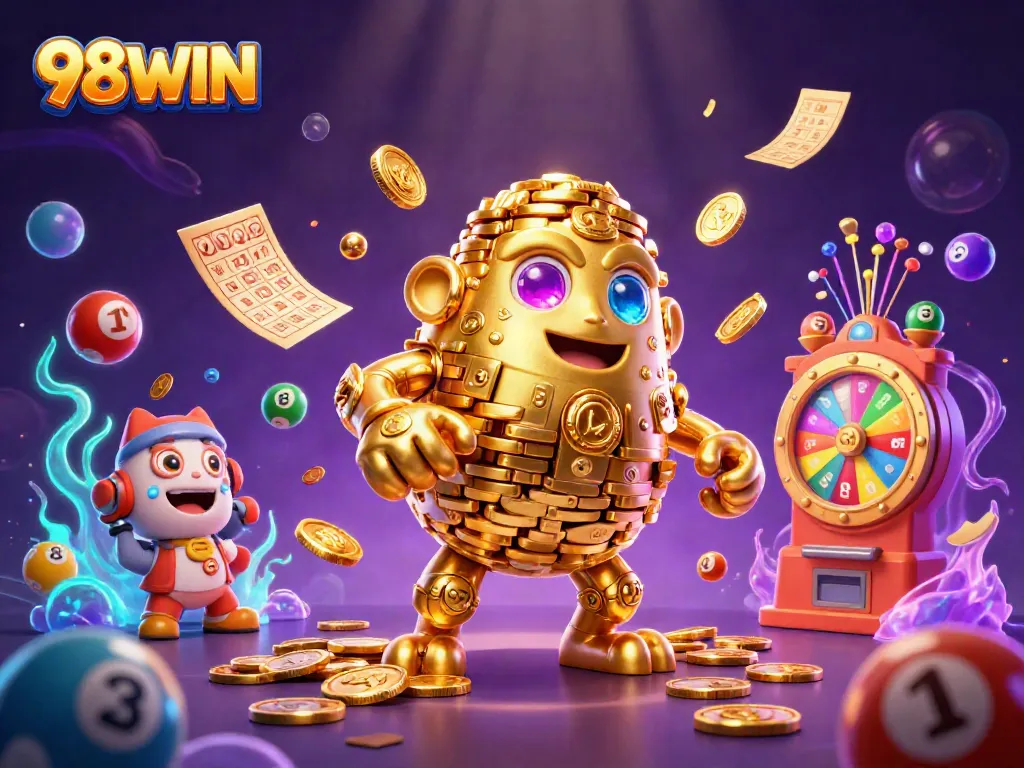 Engaging illustration showcasing the 98WIN casino environment with colorful gaming elements and a captivating golden golem.