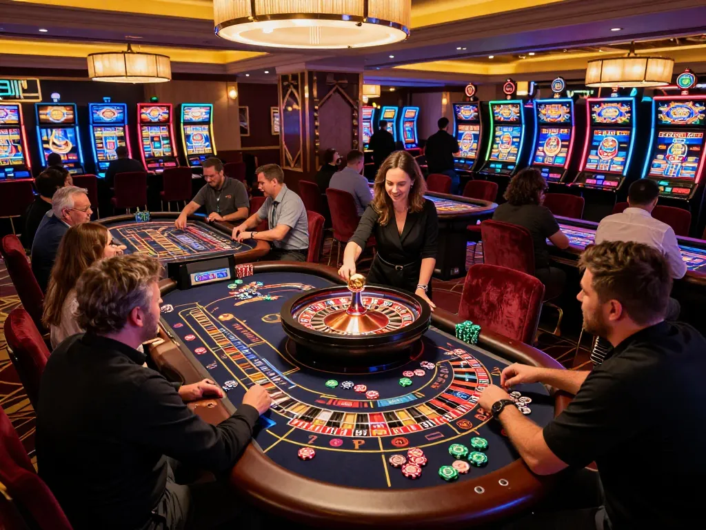 Engaged gamblers enjoying debet strategy at roulette tables in a lively casino atmosphere