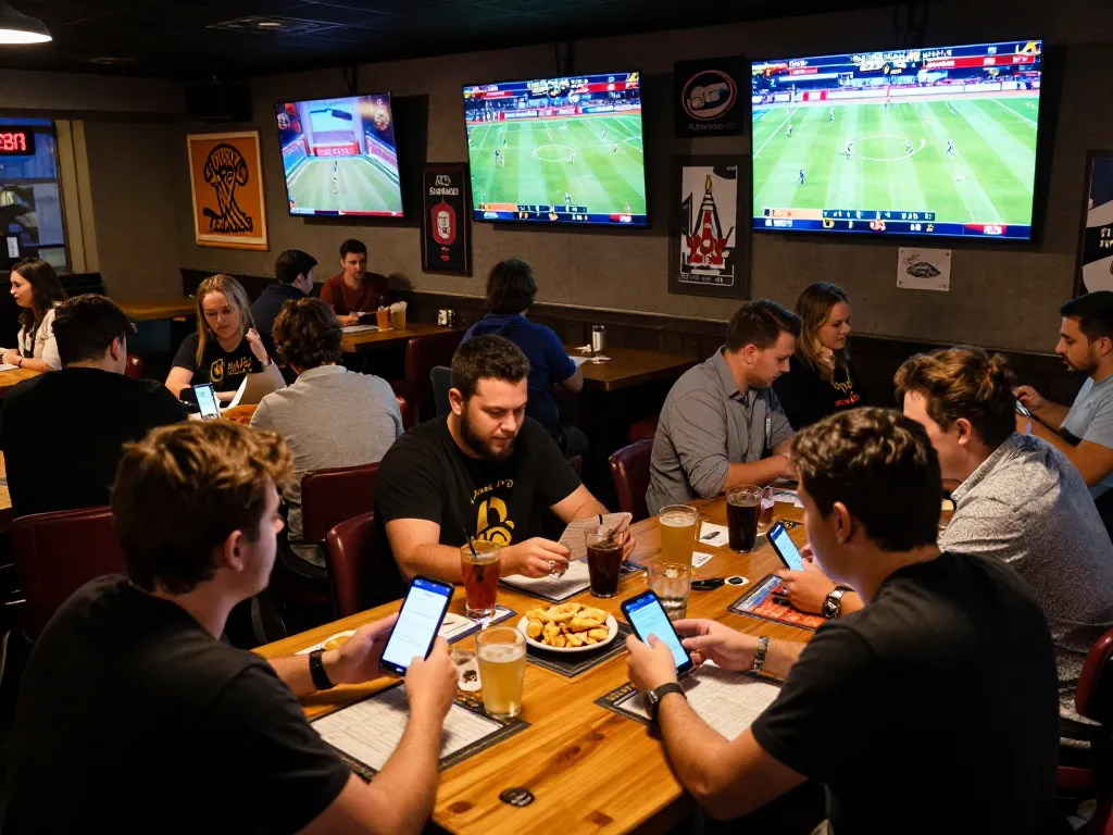 Engaged bettors analyzing kèo nhà cái at a lively sports bar, with screens showing live games.
