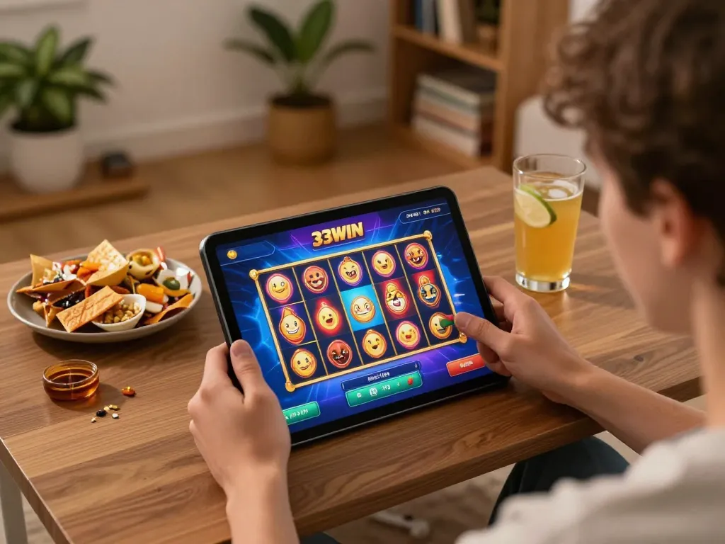 33WIN player engaged in exciting online gaming session at home using a tablet.