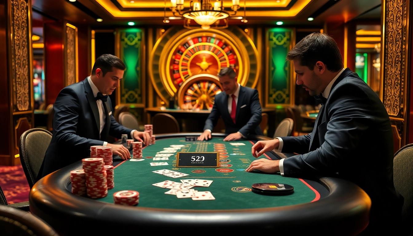 Play exciting B52-themed casino games with professional players enjoying lavish poker tables.