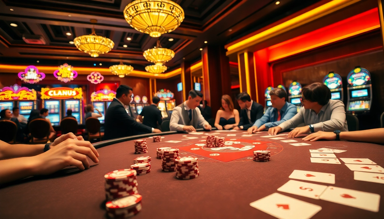 Players enjoying their time at nhà cái PS99 amid vibrant casino tables filled with poker chips.