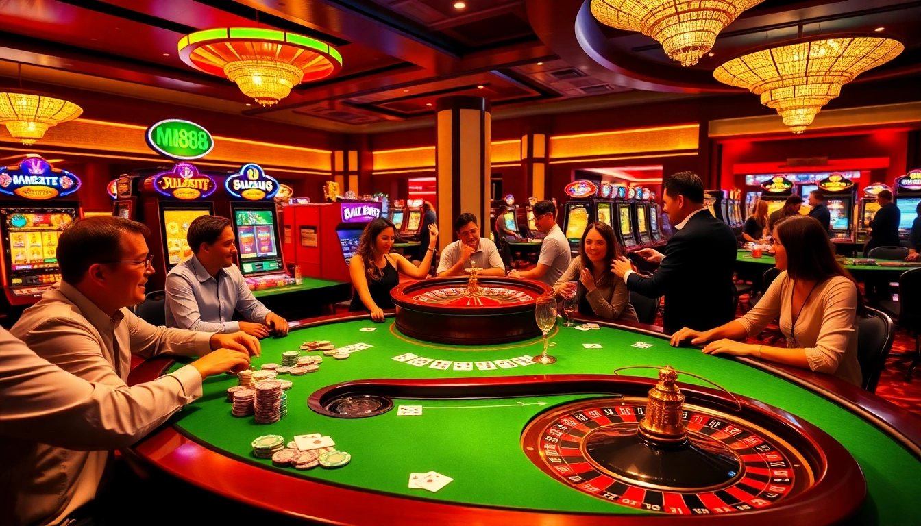 MM88 players engaged in an exciting poker game at a luxurious casino table filled with colorful chips and cards.