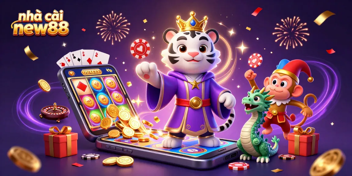 Engage with nhà cái new88 in an explosive casino adventure featuring a whimsical tiger, monkey, and dragon amidst vibrant gaming elements.