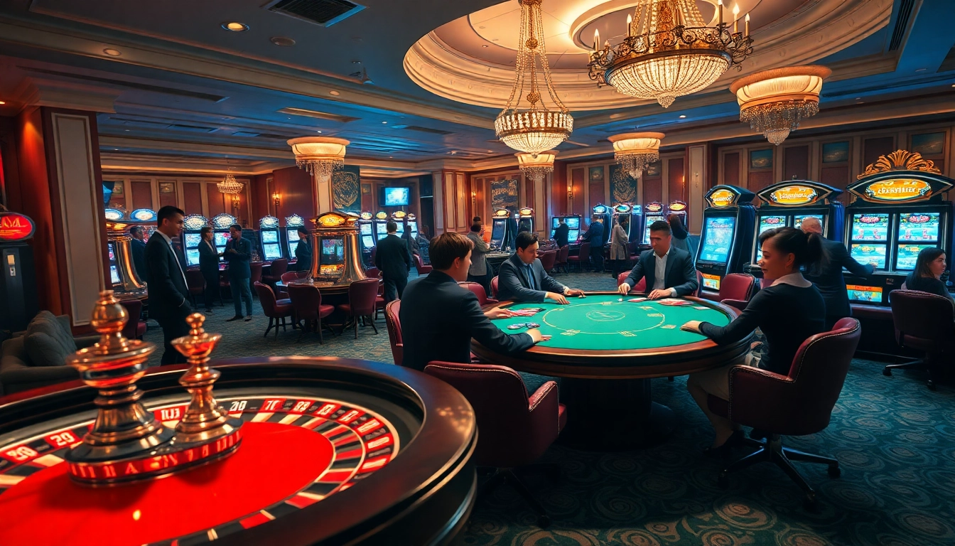 Casino scene with players at a poker table and roulette wheel capturing excitement at https://s666hn.com/.