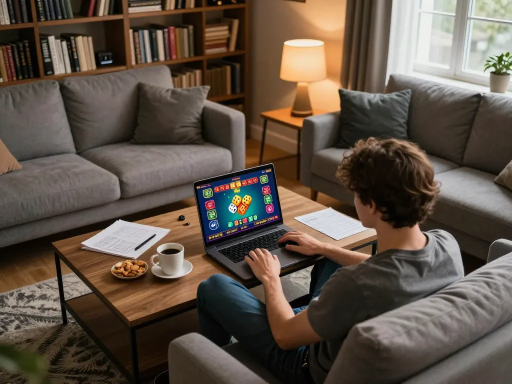 Engaging in tai xiu online through a laptop in a cozy home gaming setup with snacks and strategy notes.