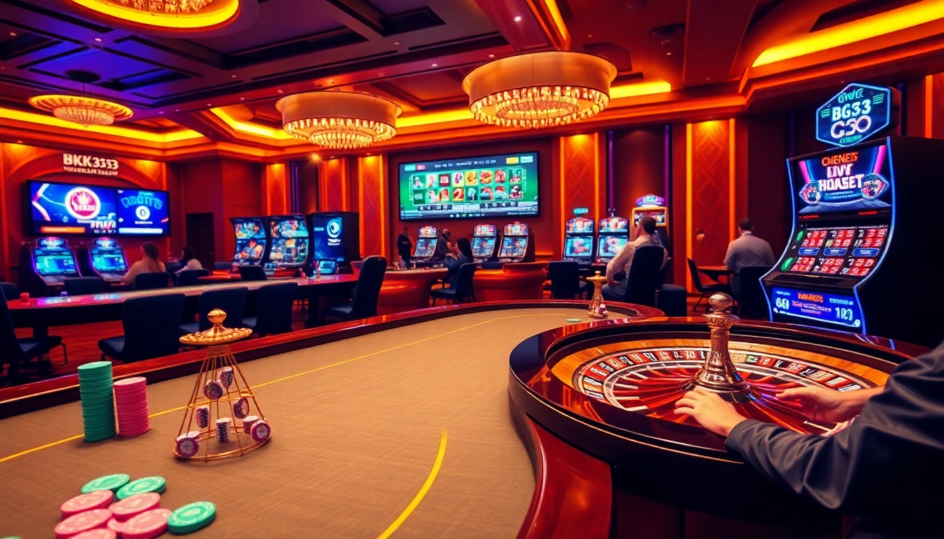 Experience intense gaming action with BK33's vibrant online casino atmosphere featuring poker tables and roulette.