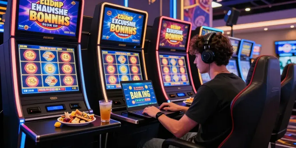 Player engaging with non GamStop casinos at vibrant gaming setup with neon signs.