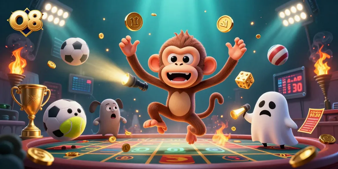 Engage in thrilling betting experiences at O8 with a playful ghost and sports elements in this dynamic casino scene.