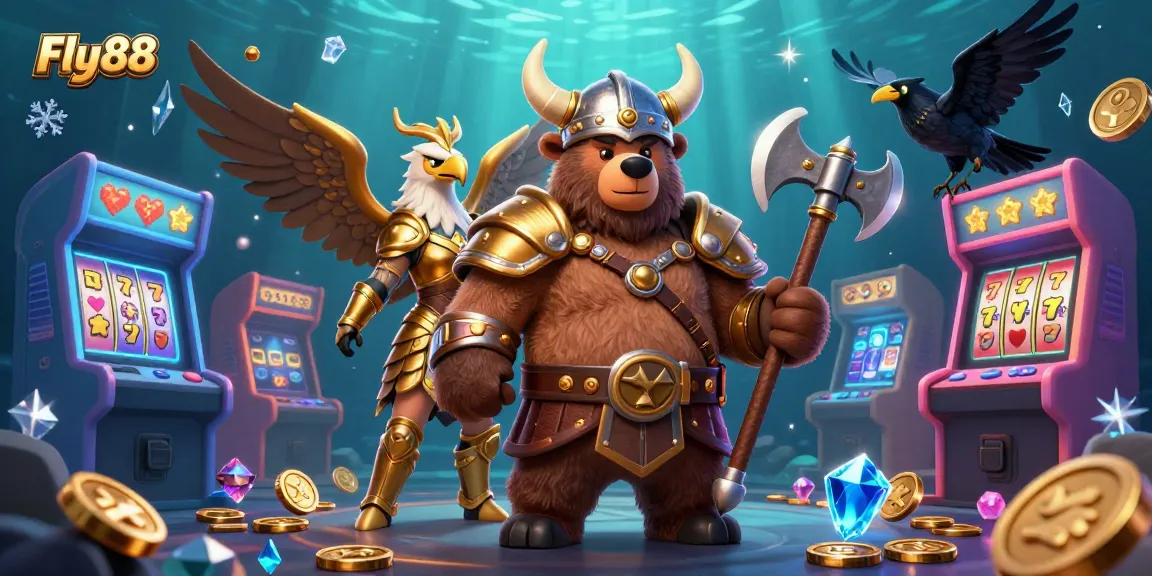 Experience thrilling gameplay at Fly88 with a Viking bear, Valkyrie eagle, and casino elements in this vibrant scene.