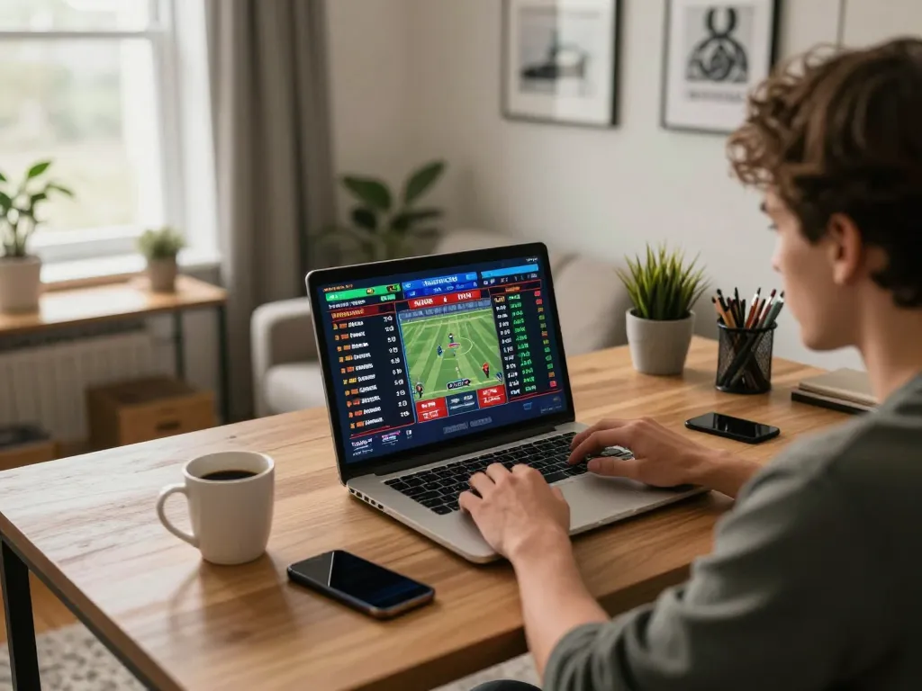 Engaging in sports betting on bong88 while enjoying a stylish home office setup with live games displayed.