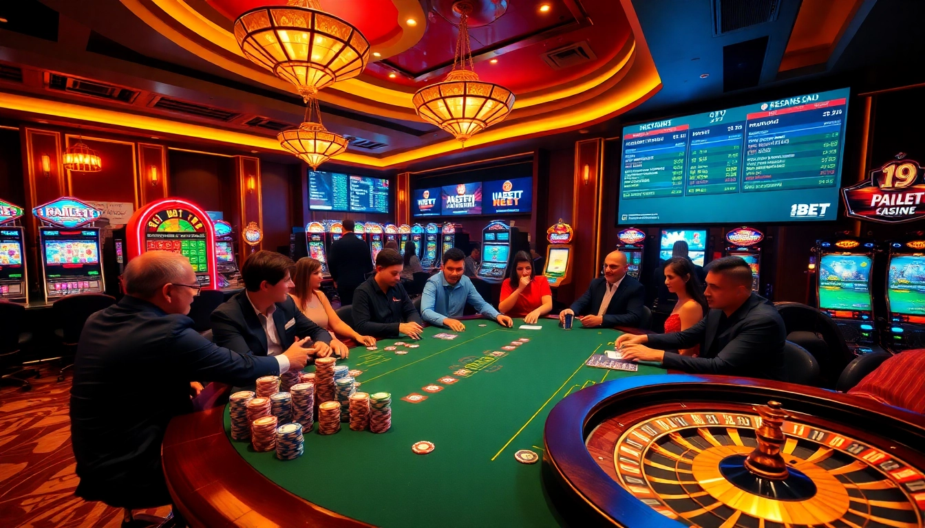 I9 BET poker players surrounded by vibrant slot machines in an elegant casino setting