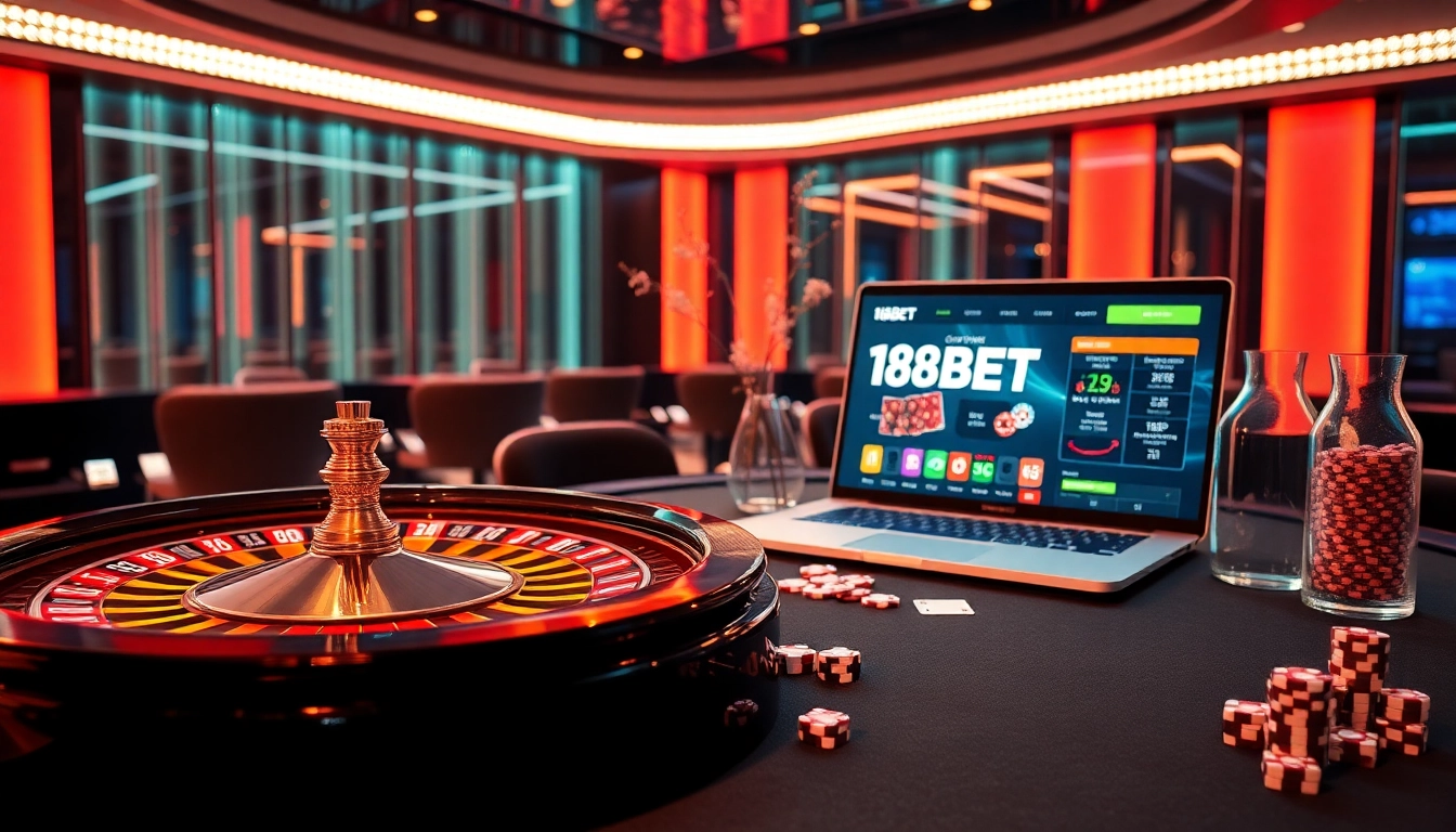 Experience thrilling online gaming at 188BET with vibrant roulette and poker elements.