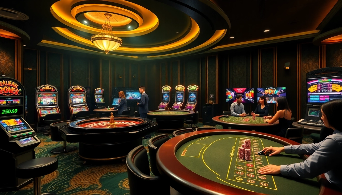 Players enjoying casino action at https://sclub88.app/ with roulette, poker, and slot machines.