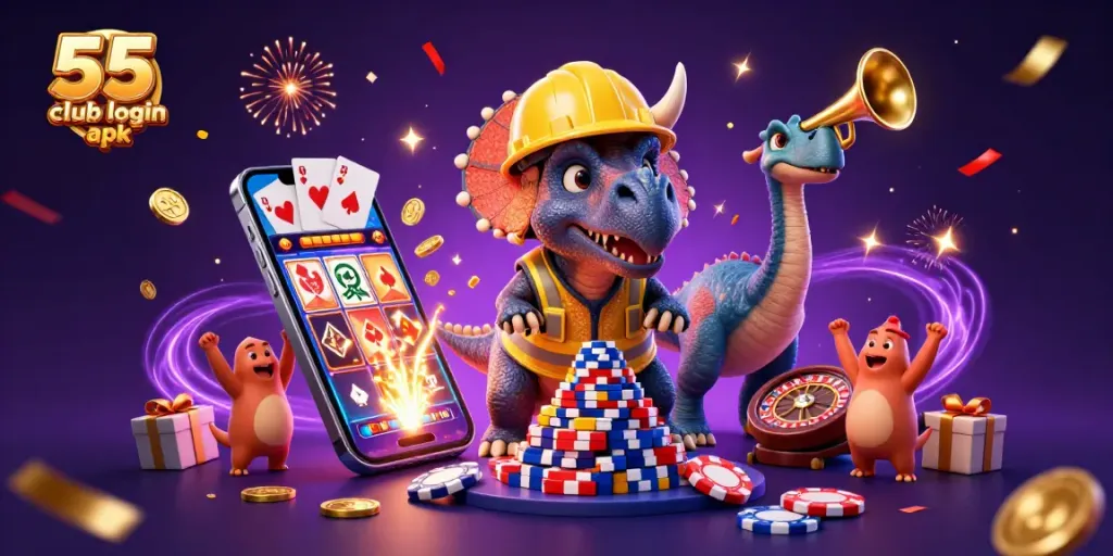 Experience the thrill of the 55 club login apk with animated characters celebrating and gambling elements.