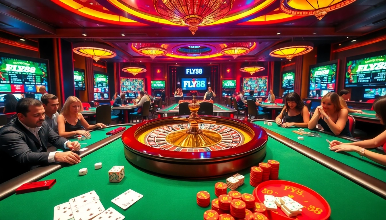 FLY88 players enjoying a thrilling game at luxurious casino tables with roulette and poker.