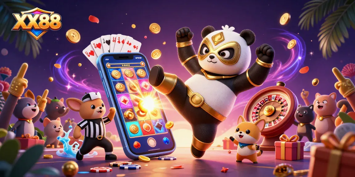 Experience thrilling gaming at XX88 with vibrant slot action featuring a panda wrestler and energetic spectators.