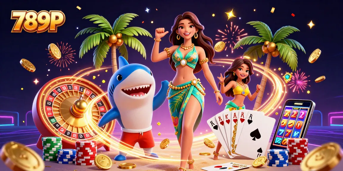 789P showcases a vibrant casino scene with a glamorous woman and a shark enjoying games.