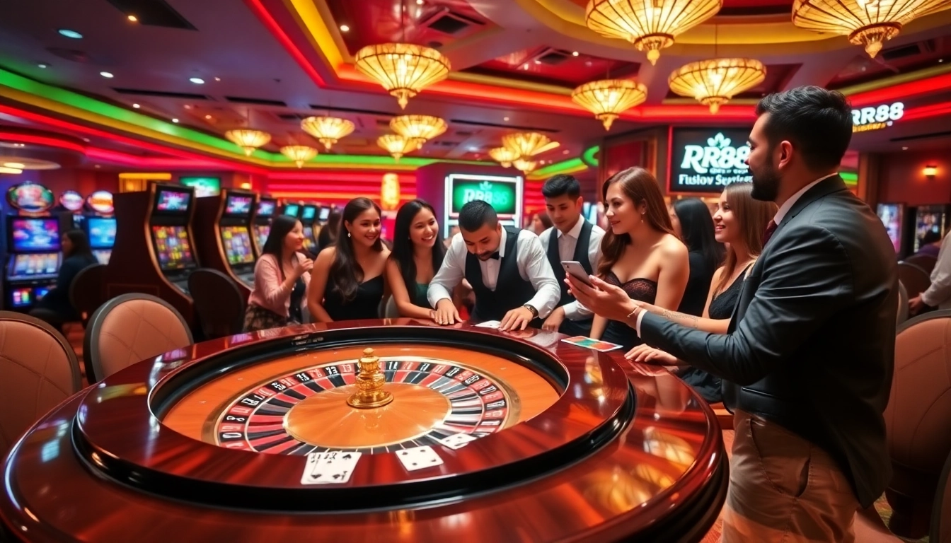 Players enjoying their time at the RR88 casino, with colorful slot machines and a roulette table highlighted.