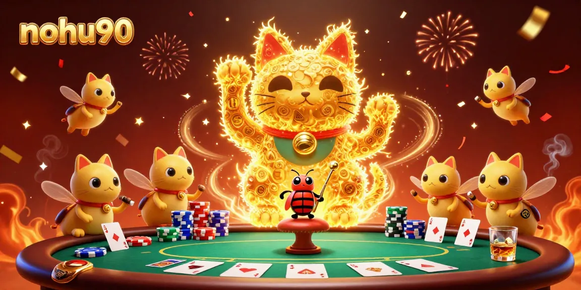 Nohu90 engages players at a vibrant casino scene with a lucky cat shaped from fireflies amid poker elements.