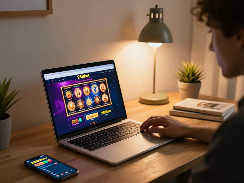Engaging gaming moment with 258bet online casino interface on laptop, showcasing vibrant slot games.