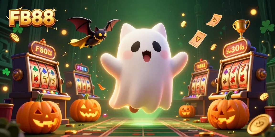 FB88 offers a vivid casino experience featuring a friendly ghost cat and bat in a haunted setting.