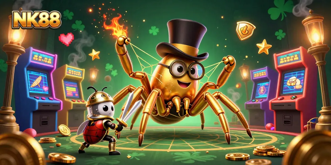 Experience the thrill of NK88 with a giant tarantula and brave beetle knight in a vibrant casino scene.