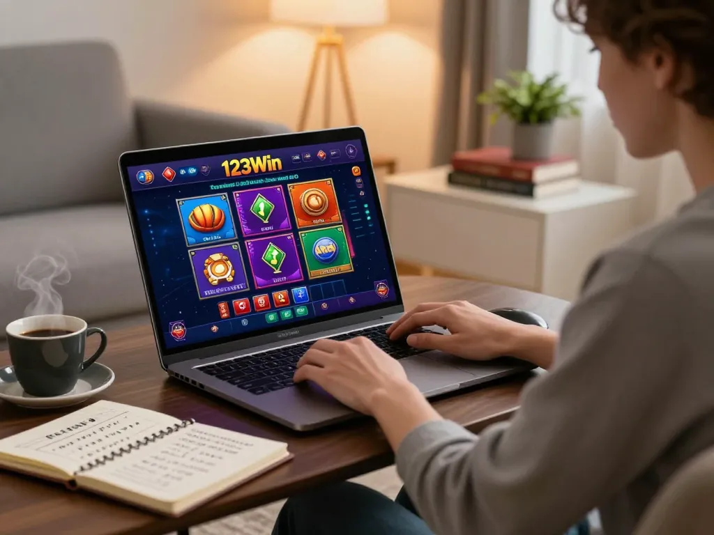 Engaged player exploring 123Win online casino games using a laptop at home with strategy notes.