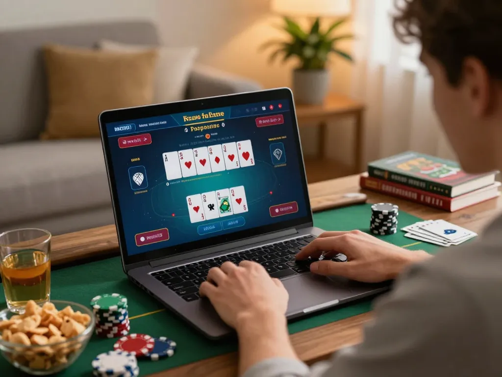 NK88 player enjoying online poker session at home, showcasing engaging gameplay and strategic ambiance.