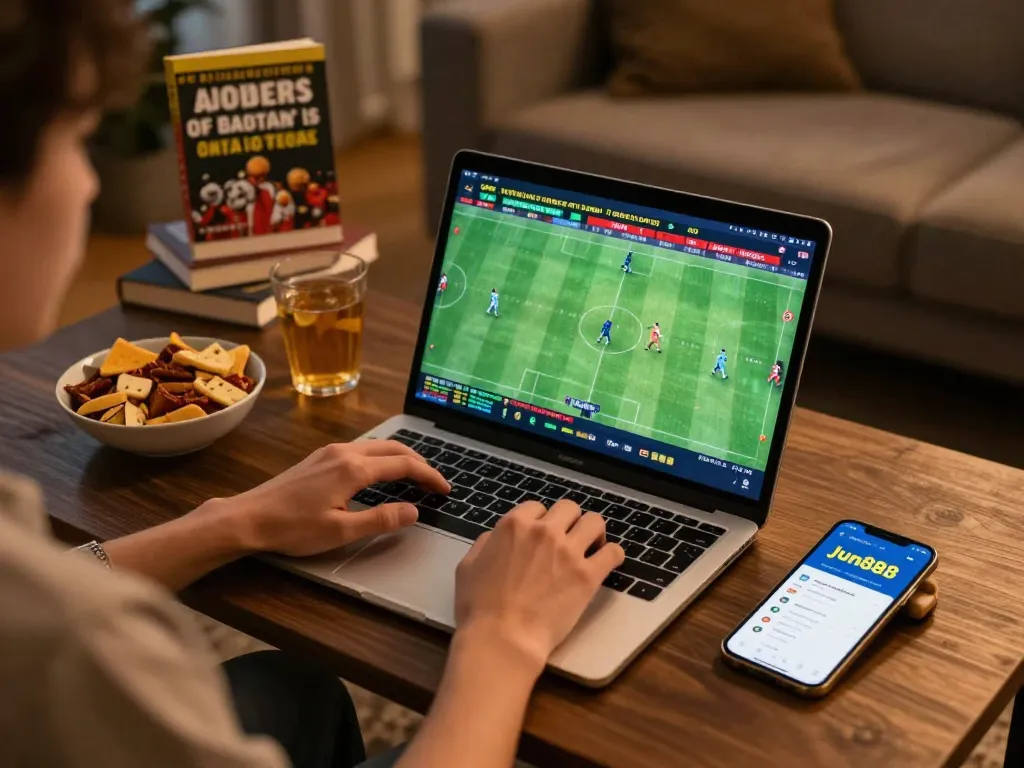 Placing bets on jun888 platform with live odds displayed while enjoying snacks.