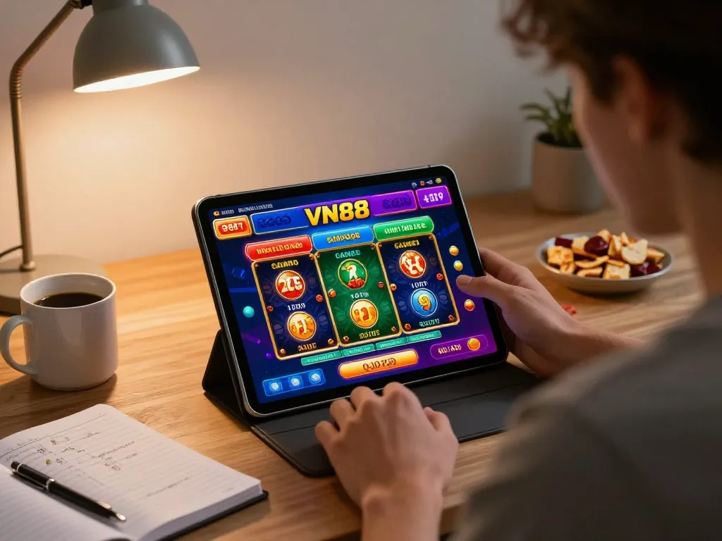Person engaged in online gaming at VN88 casino, showcasing immersive betting strategies and a cozy atmosphere.