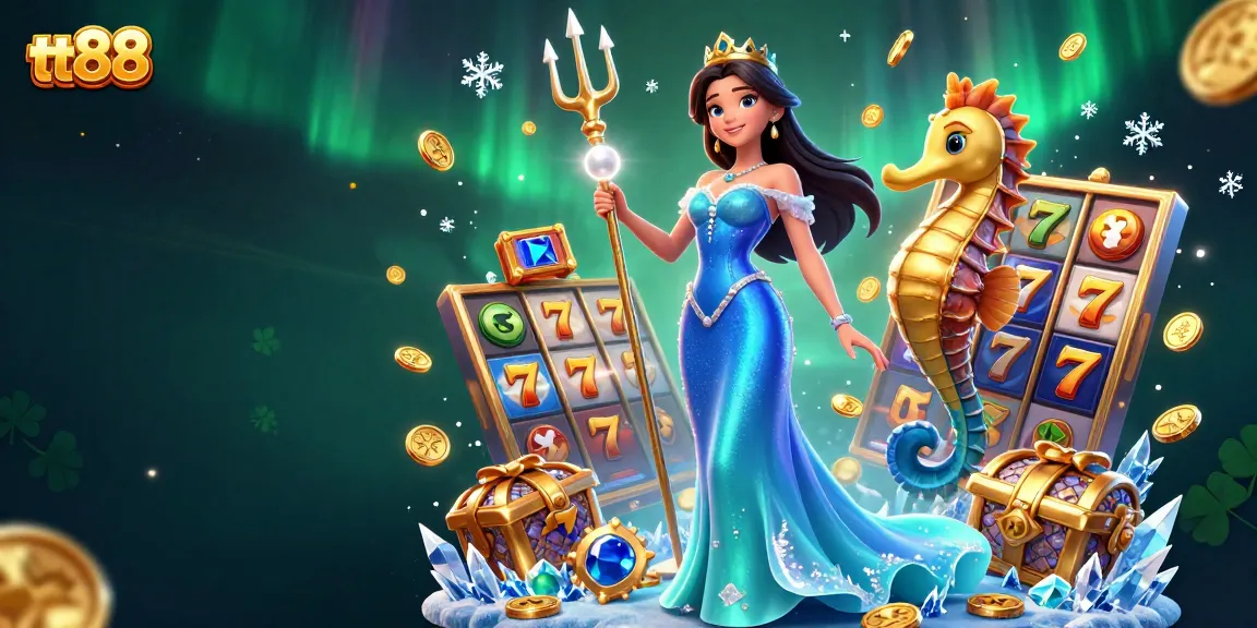 Win big at tt88 with a vibrant casino scene featuring a glamorous lady and a seahorse king.