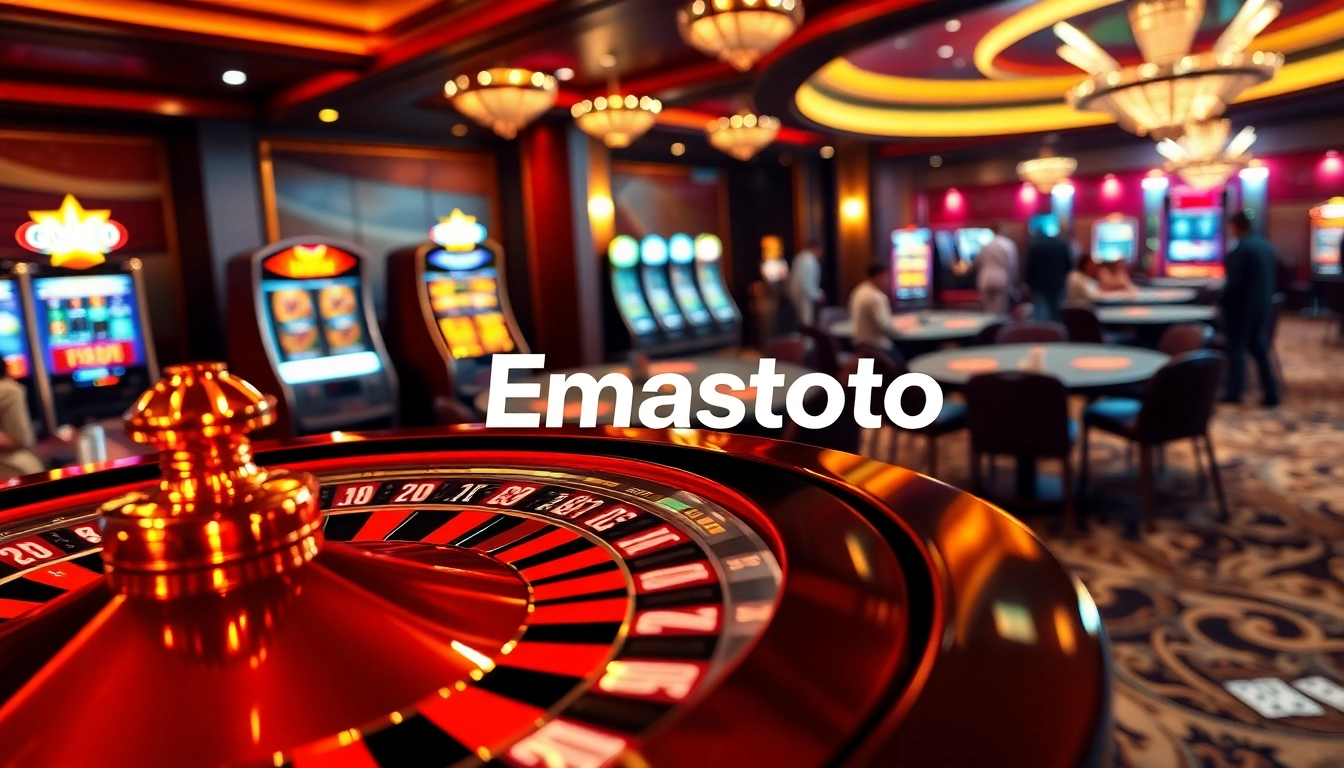 Experience Emastoto excitement at a luxurious casino, showcasing roulette, slots, and lively gameplay.