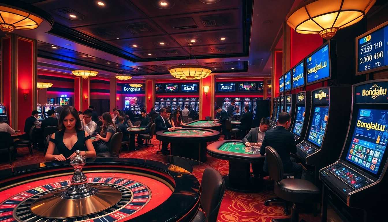 Experience thrilling gameplay at Bongdalu's luxurious casino, filled with vibrant roulette and poker tables.